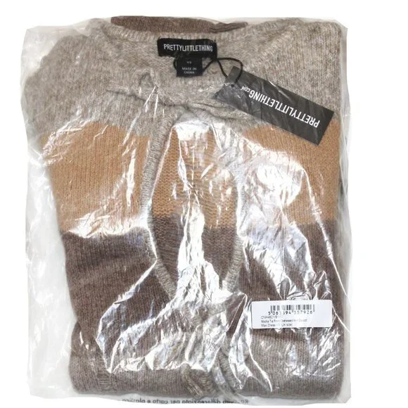 PrettyLittleThing XS Mocha Tie Front Distressed Knit Bardot Maxi Dress - Picture 6 of 6